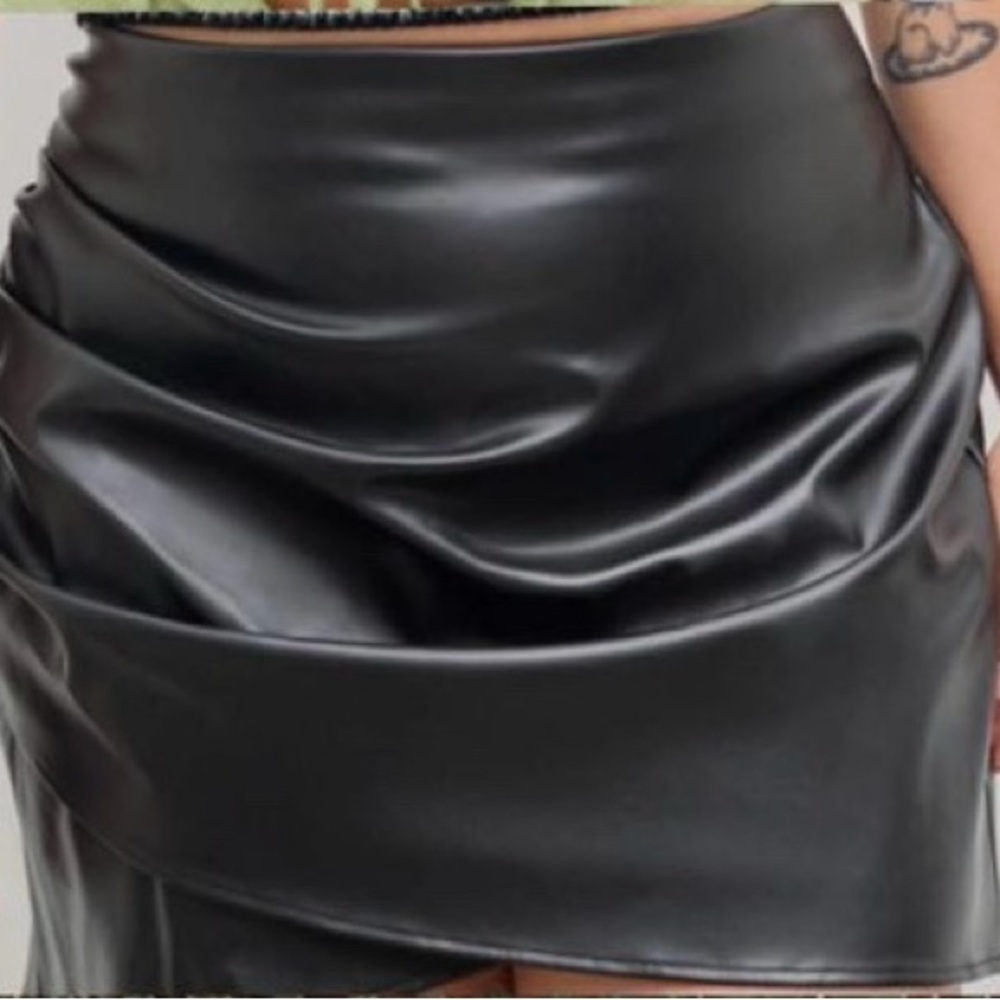 Black Faux Leather Wrap Skort